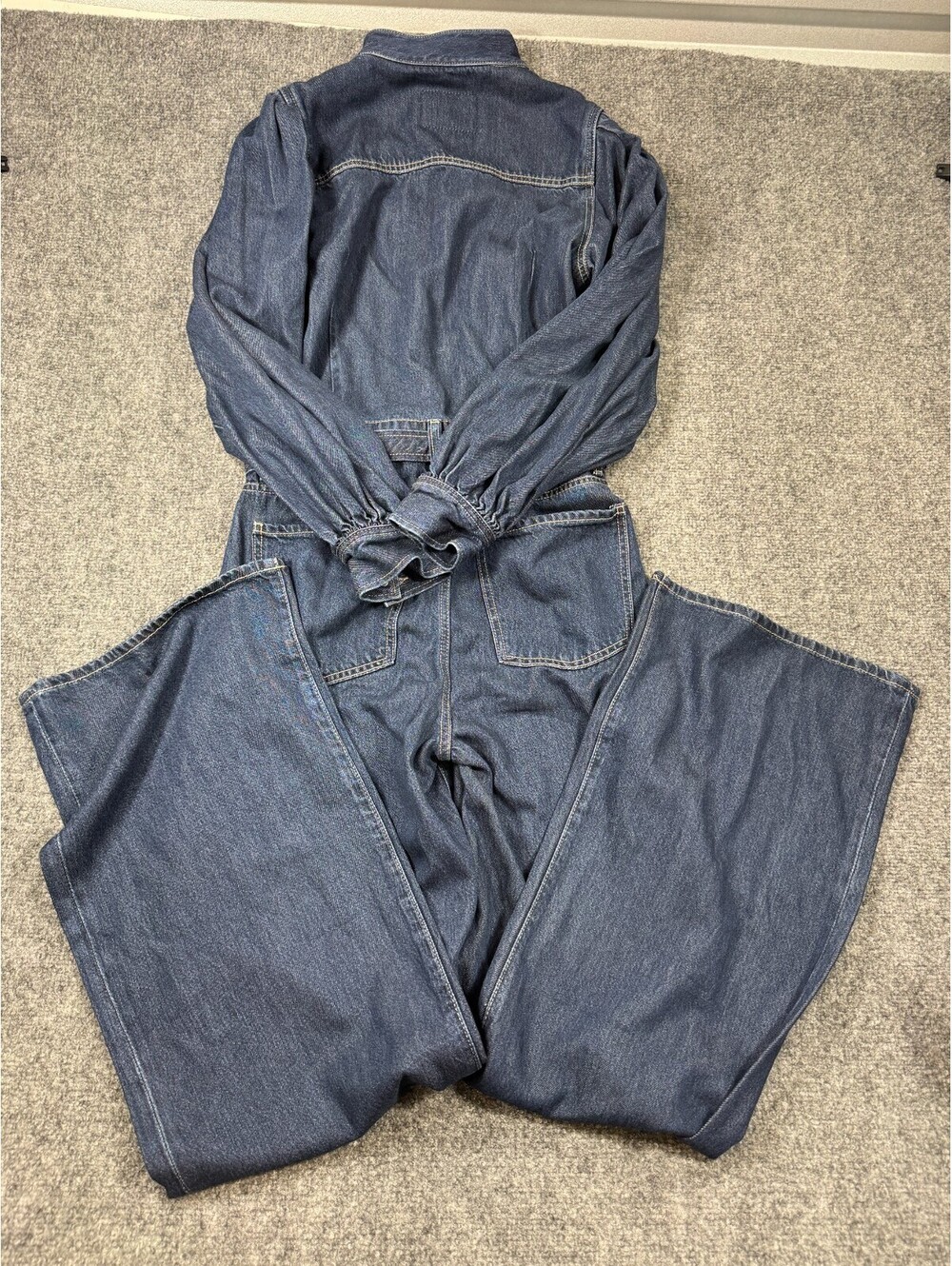 7 For All Mankind Womens Jumpsuit M Blue Denim Balloon Sleeve Wide Leg Tie Waist - Picture 3 of 13